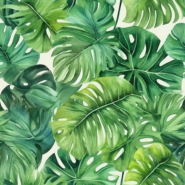 Tropical leaves wallpaper that is green and white.