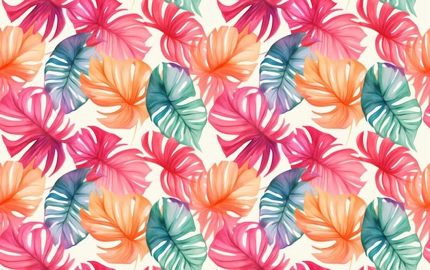 Tropical leaves watercolor seamless pattern background