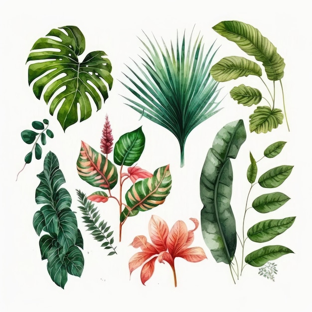 Tropical Leaves Watercolor Set Illustration AI Generative