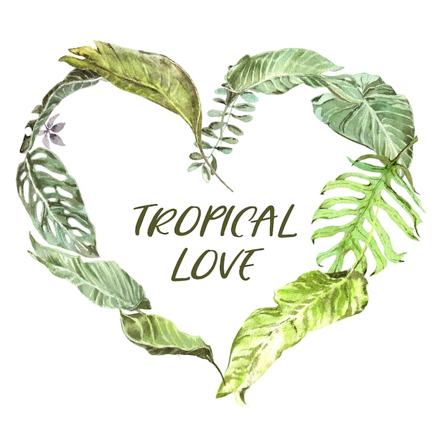 Tropical Leaves  Watercolor Wreath. Fresh Green Palm Leaves. Heart Shape on transperent background. Valentines Day