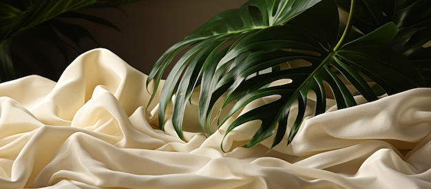 Tropical leaves on white satin fabric