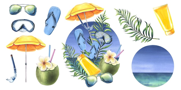 Photo tropical leaves with beach yellow umbrella diving mask and snorkel sunglasses flip flops cocktail in coconut and sun cream watercolor illustration set of isolated elements on a white background