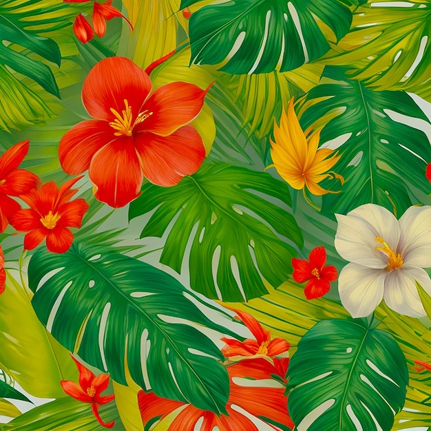 Тропические листья с цветком на фоне, созданные AI