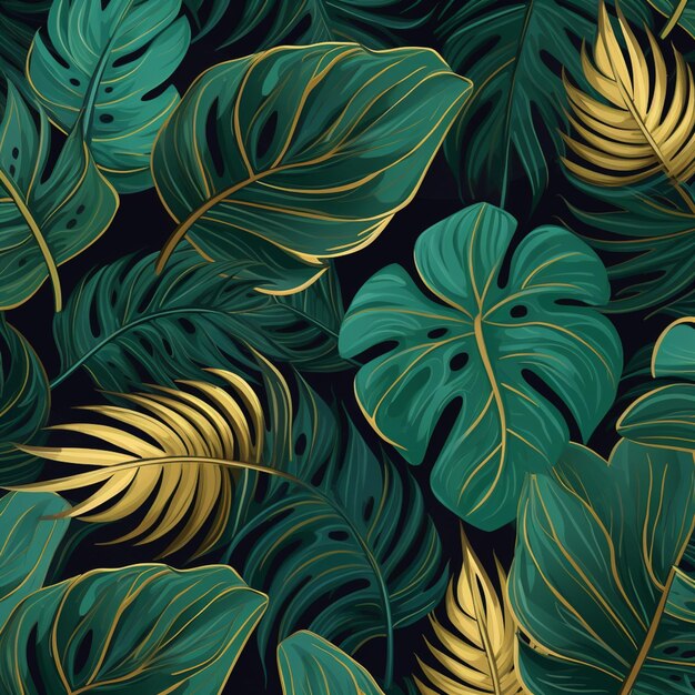 Tropical leaves with gold foil on a black background generative ai