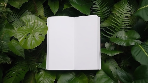 Tropical leaves with an open white blank notebook generative ai