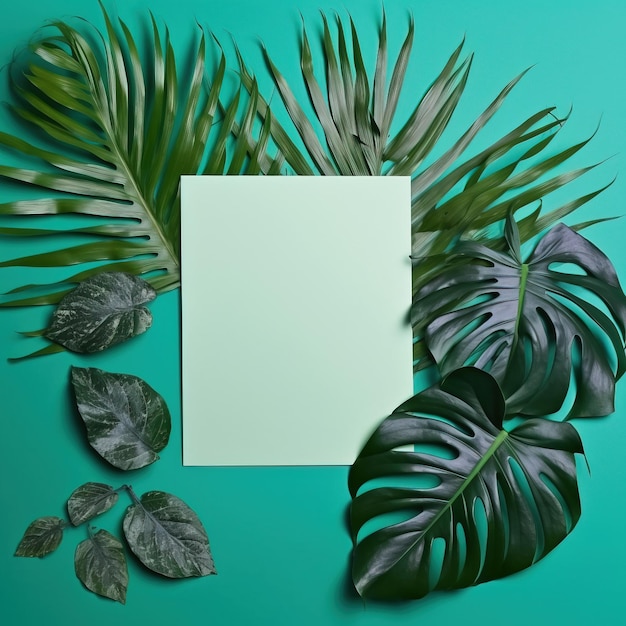 Photo tropical leaves with paper illustration of generated ai tropical leaves with paper