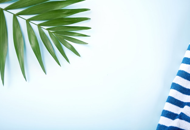 Photo tropical leaves with striped beach towel on blue background. minimal concept. flat lay. copyspace.