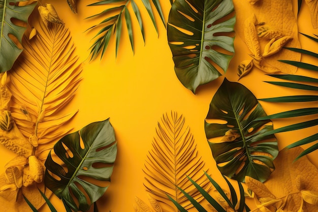 Tropical Leaves On Yellow Background Generative AI