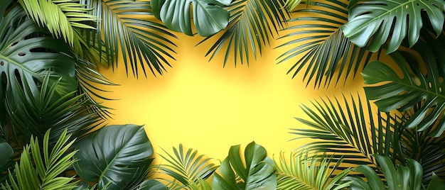 Tropical leaves on yellow background with copy space for text