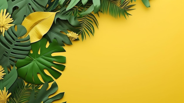 Tropical leaves on a yellow background