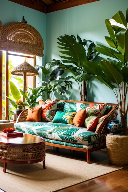 A tropical living room with leaf