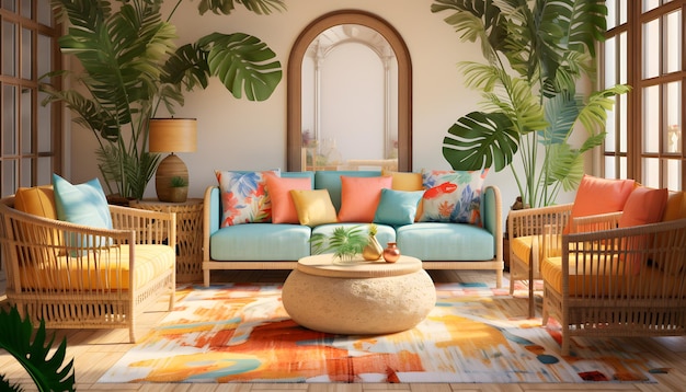 Premium Photo  A tropical living room with palm leaf prints