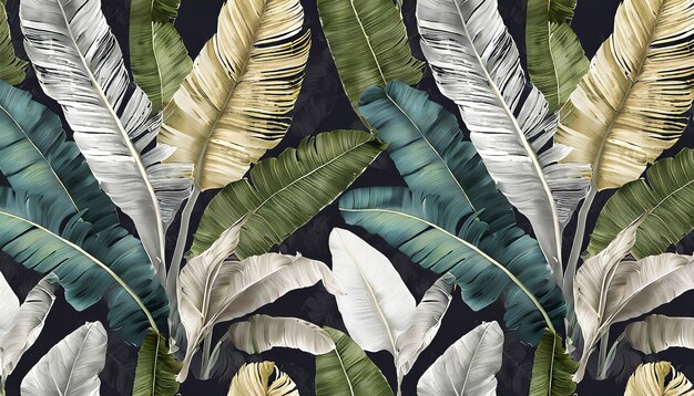 Tropical luxury exotic seamless pattern Pastel colorful banana leaves palm Handdrawn vintage