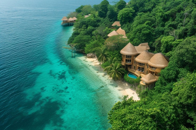 A tropical luxury hotel nestled within a lush rainforest canopy