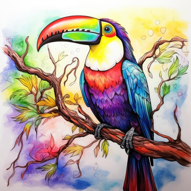 Tropical majesty toucan perched on tree branch in vibrant rainbow sketch