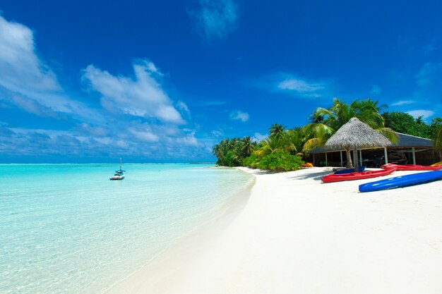 Tropical Maldives island with white sandy beach and sea