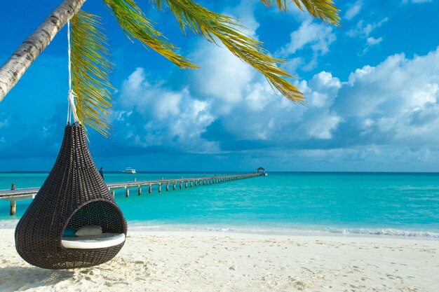 Isola tropicale delle maldive con la spiaggia sabbiosa e il mare bianchi