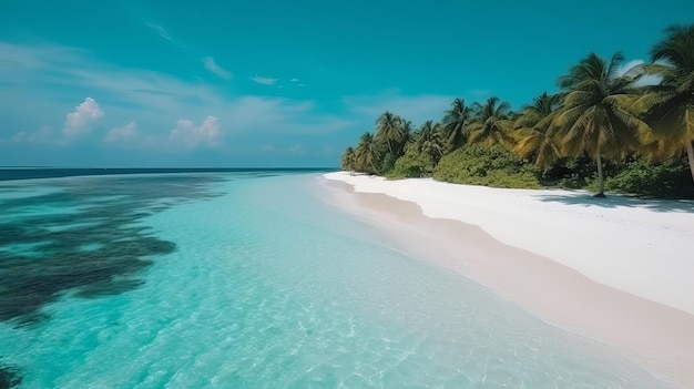 AI が生成した白い砂浜とシーヤシのある熱帯モルディブの島