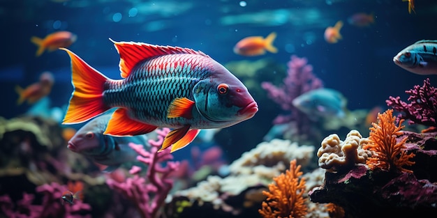 サンゴ礁の熱帯海洋水中魚水族館野生動物カラフルな海のパノラマ風景自然シュノーケリング ダイビング