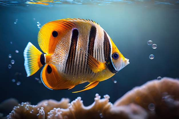 The tropical marine underwater landscape with butterfly fish