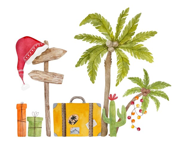 Photo tropical mexico summer watercolor painting with palms cactus and beach for postcard exotic vacation paradise