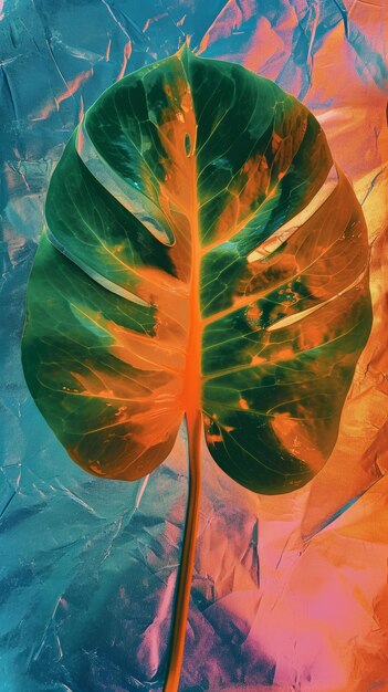 Foto foglia di monstera tropicale sullo sfondo iridescente arte della natura vibrante