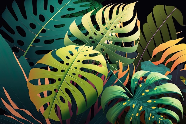 Tropical Monstera leaves in an abstract spring and summer landscape