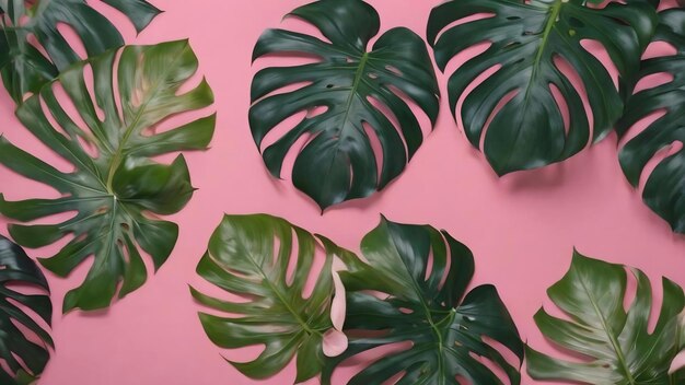 Photo tropical monstera leaves on pink background