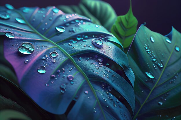 Tropical monstera leaves with water drops on the surface Purple and blue light