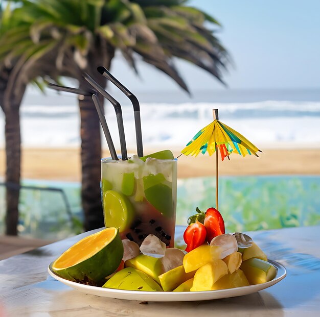 Tropical Morning Vibes Mojito Glass with Straw Umbrella and Special Shaped Ice on Island Beach