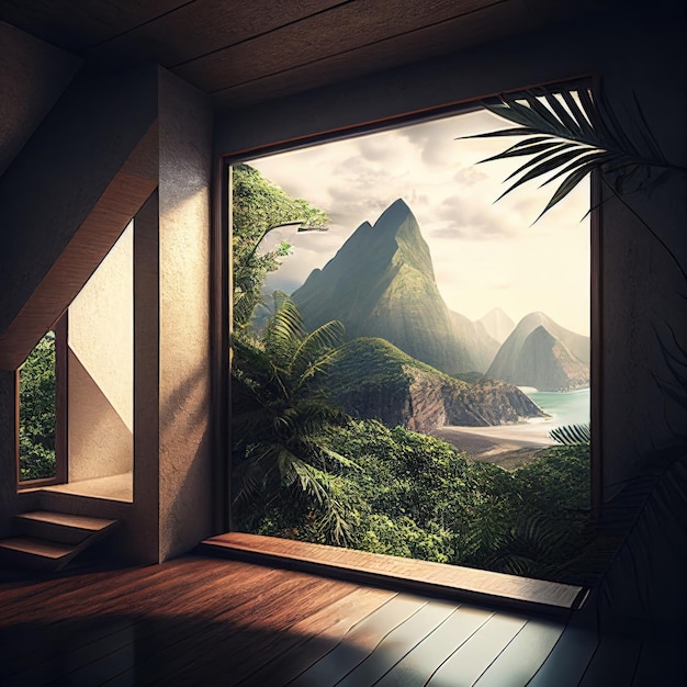 Tropical mountain landscape in the window of a villa with a modern interior