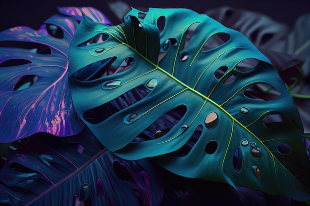 Tropical multicolored monstera leaves with water drops on the surface Fluorescent leaves