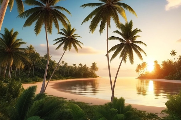 Тропический природный ландшафт с кокосовыми пальмами на закате на фоне удивительных тропических пейзажей Концепция летнего отдыха и туристического отдыха Фантастический восход солнца для дизайна отдыха Копируйте текстовое пространство рекламы