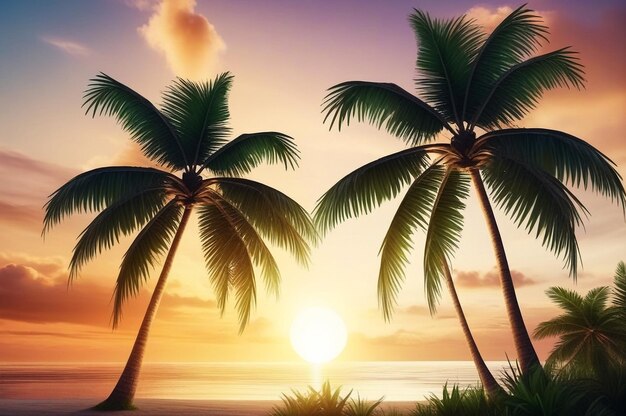 해가 지는 배경에 코코 나무와 함께 열대 자연 풍경 놀라운 열대 풍경 휴가 디자인을위한 환상적인 일출 여름 휴가 및 여행 휴가 개념 광고 텍스트 공간 복사