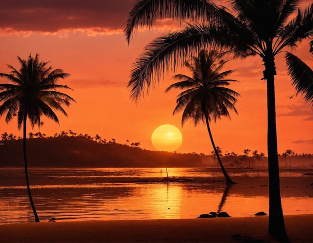 Tropical natural landscape with palm trees at sunset background amazing tropic scenery dark sky Concept of summer vacation and travel holiday Fantastic sunrise for vacation design Copy text space