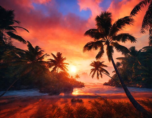 Photo tropical natural landscape with palm trees at sunset background amazing tropic scenery dark sky concept of summer vacation and travel holiday fantastic sunrise for vacation design copy text space