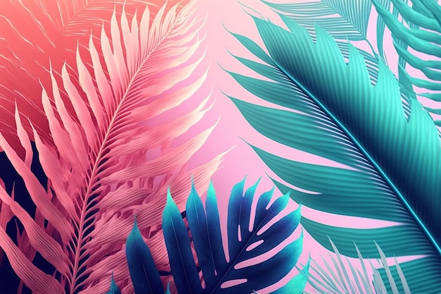 Tropical neon iridescent green palm leaves floral pattern background illustration