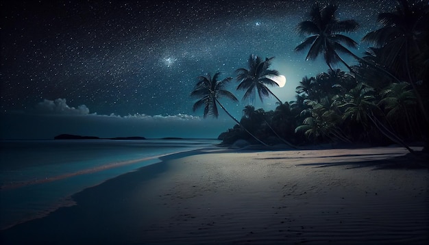 Tropical night summer beach stunning seascape scene with starry sky ocean and palm trees