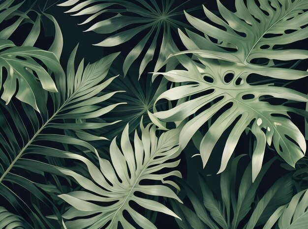 Tropical Oasis Closeup Nature View of Palms Monstera and Foliage