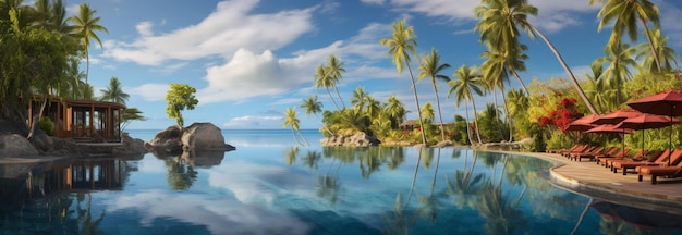 A tropical oasis panoramic landscape of a beach resort pool and sunny skies