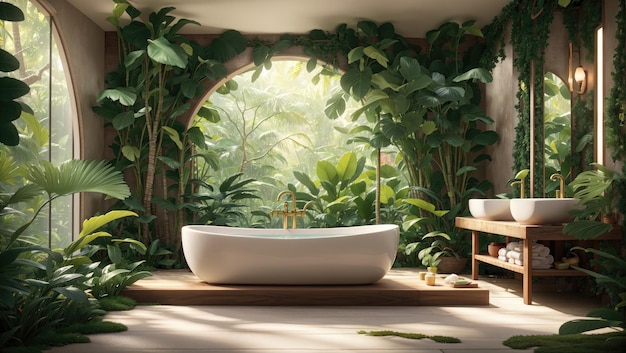 Tropical Oasis Tranquility Een harmonieuze combinatie van natuur en comfort in een buitenbadkamer