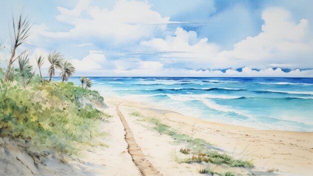 Tropical ocean path watercolor painting