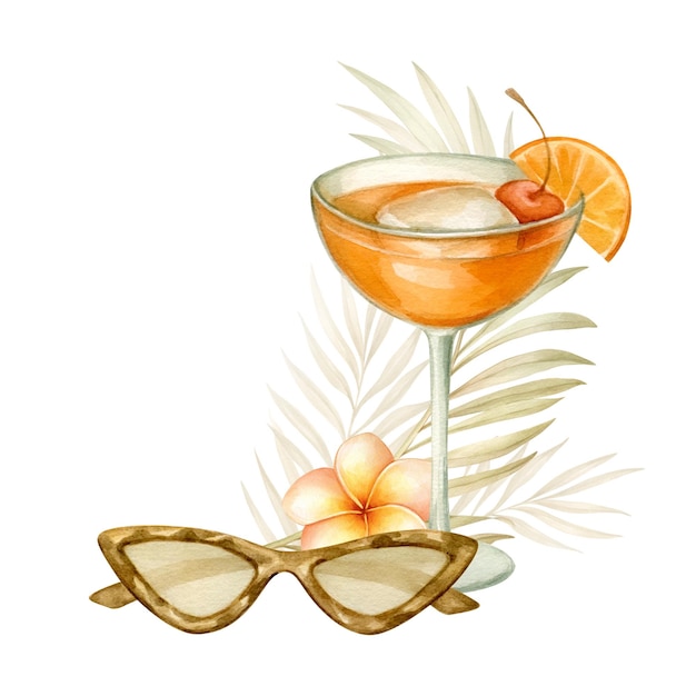 Tropical orange cocktail with cherry and ice sunglasses palm leaves and plumeria flower watercolor