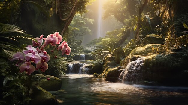 Tropical Orchid Field and Waterfall AI Generated