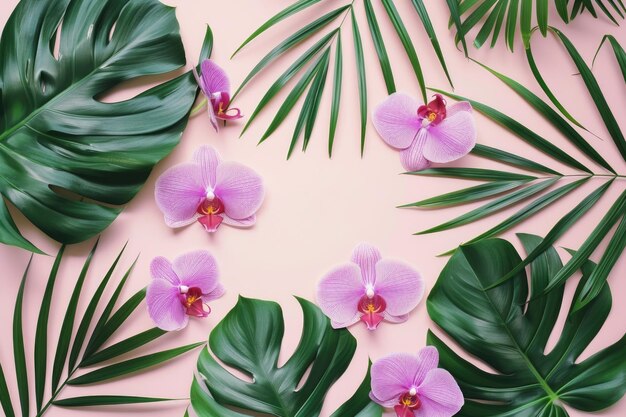 Tropical orchid flowers and palm leaves summer backdrop