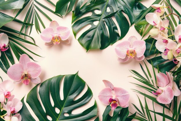 Tropical orchid flowers and palm leaves summer backdrop