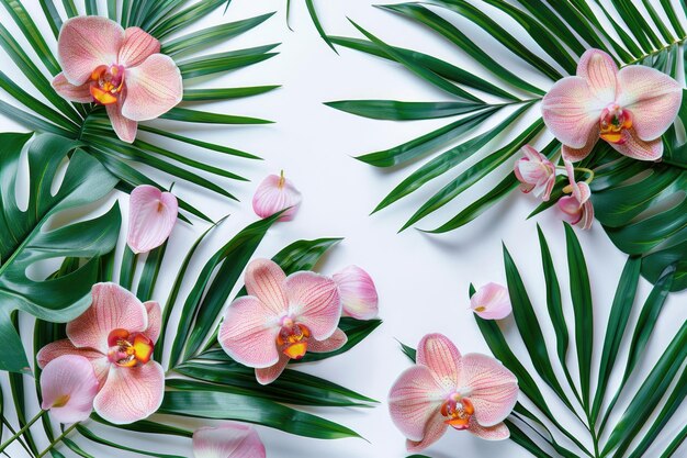Tropical orchid flowers and palm leaves summer backdrop