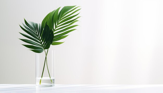 Tropical palm leaf in a glass vase Minimal background with copy space