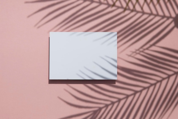 Tropical palm leaf shadow on a white card frame Exotic summer background