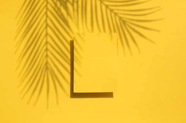 Tropical palm leaf shadow on a yellow blank label Exotic summer background
